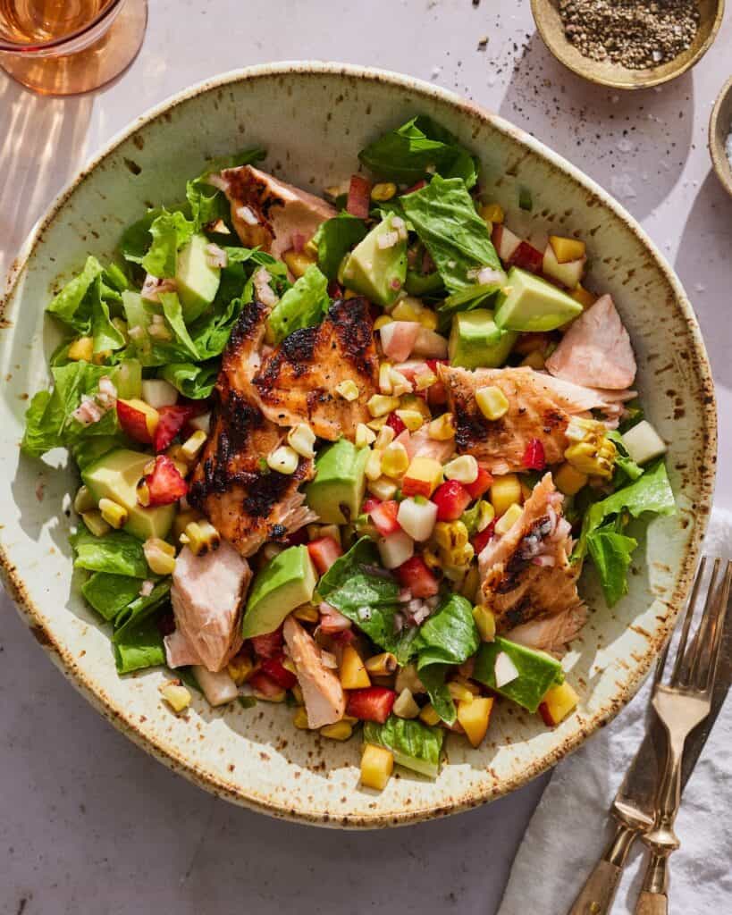 Summer Salmon Salad with avocados, stone fruit and strawberries