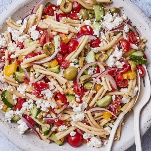 Castelvetrano Greek Pasta Salad from www.whatsgabycooking.com (@whatsgabycookin)