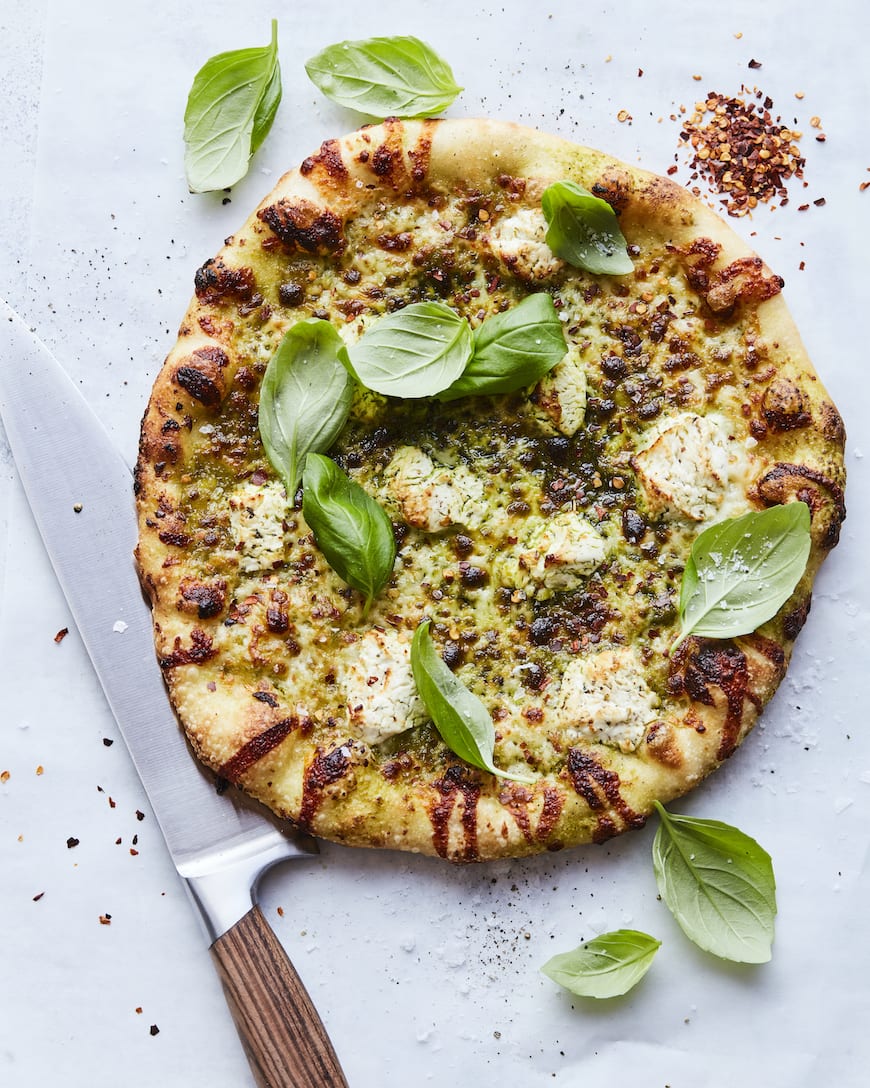 Roasted Garlic Goat Cheese Pizza with Basil Vinaigrette