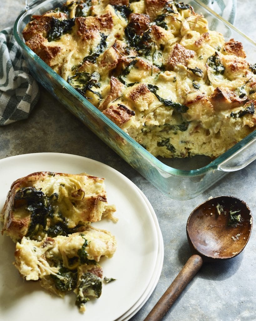 Breakfast Ideas: Spinach Artichoke Strata from www.whatsgabycooking.com (@whatsgabycookin)