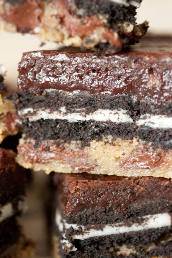 One slutty brownie sitting on top of another slutty brownie.