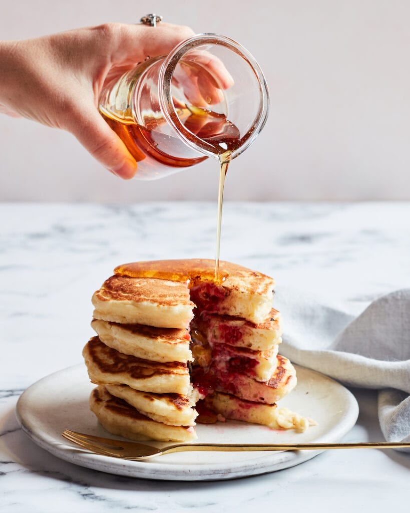 Breakfast Ideas: Fluffy Raspberry Chocolate Chip Pancakes from www.whatsgabycooking.com (@whatsgabycookin)