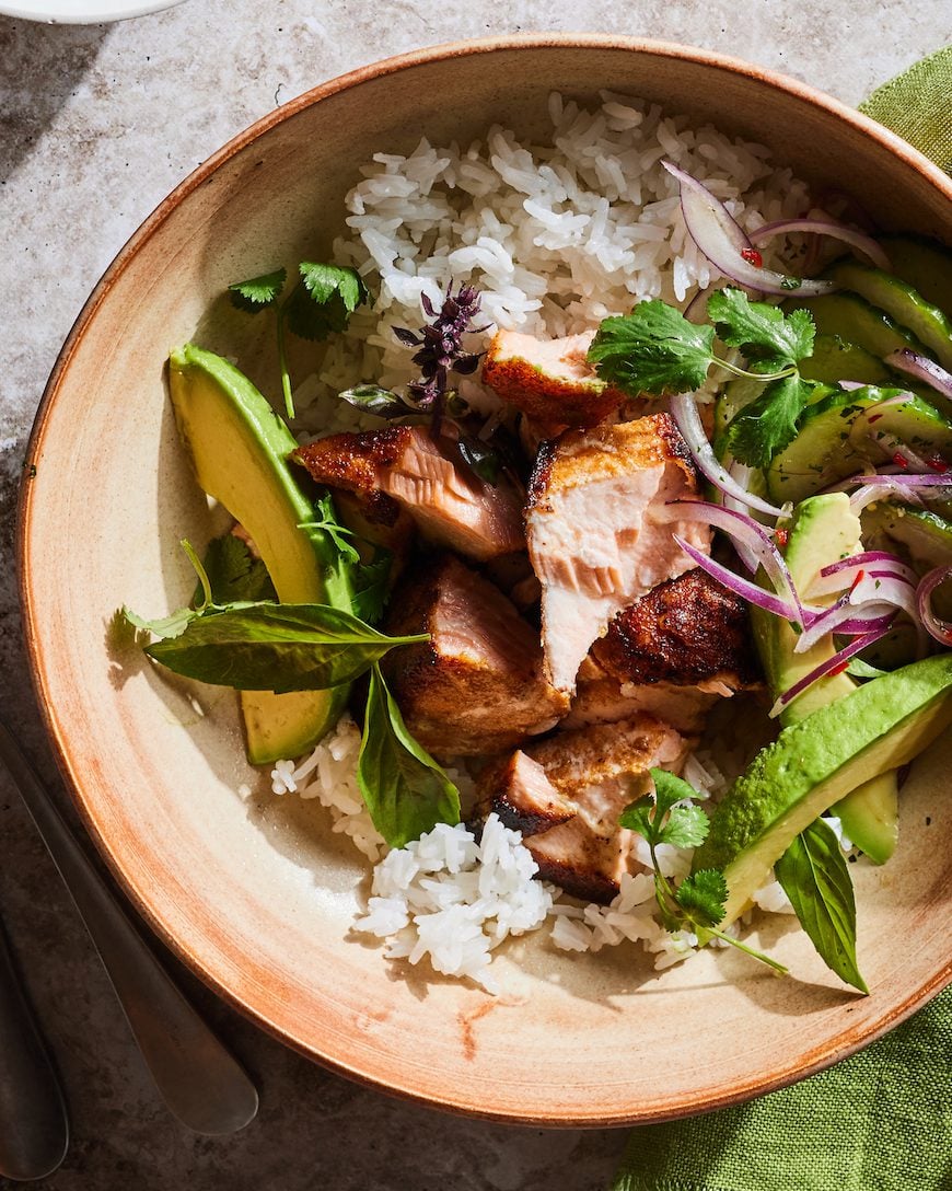 Spiced Salmon Bowl with Thai Basil Yogurt