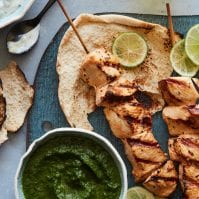 Chicken Skewers with Cilantro Mint Sauce from www.whatsgabycooking.com (@whatsgabycookin)