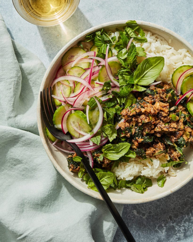Vegetarian Mushroom Kale Larb Bowls from www.whatsgabycooking.com (@whatsgabycookin)