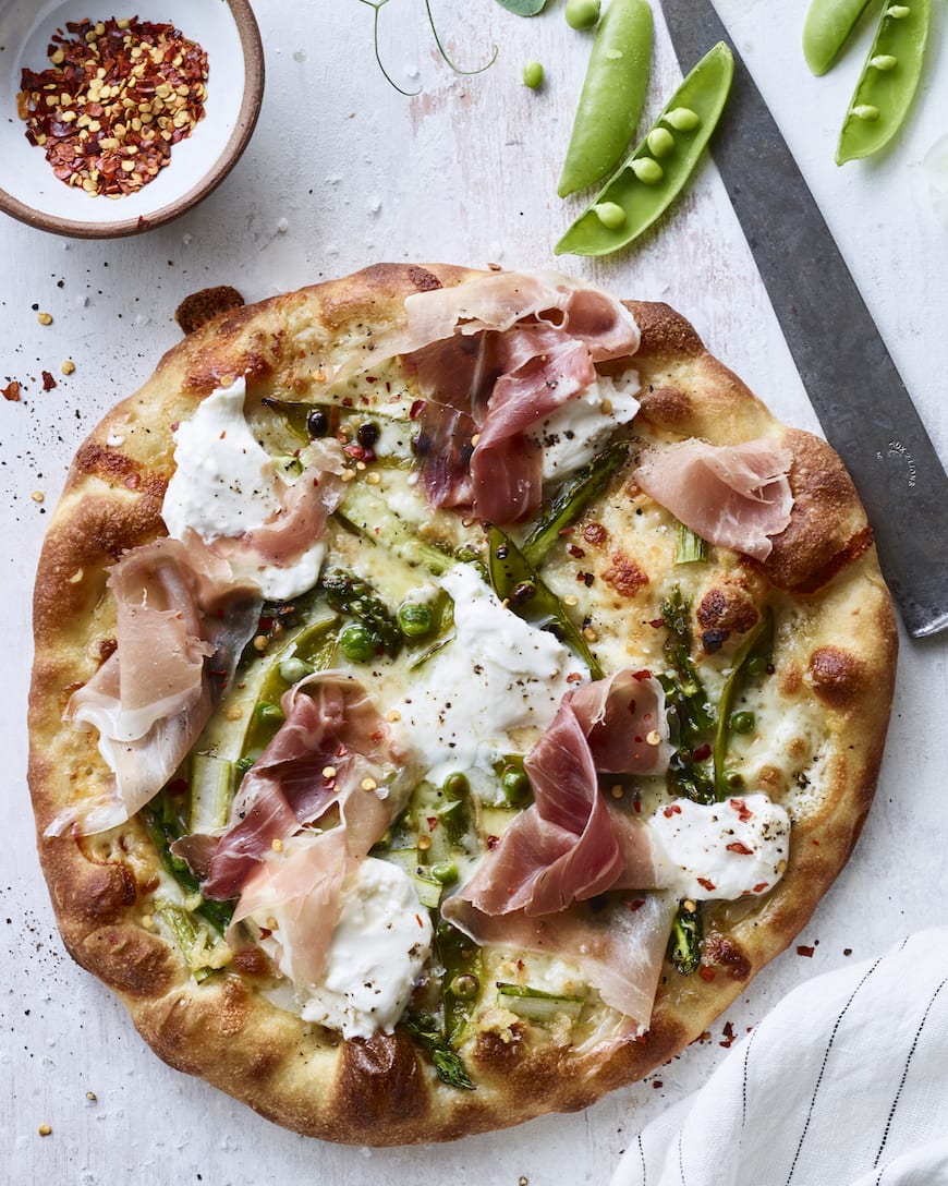 Burrata Snap Pea and Asparagus Pizza